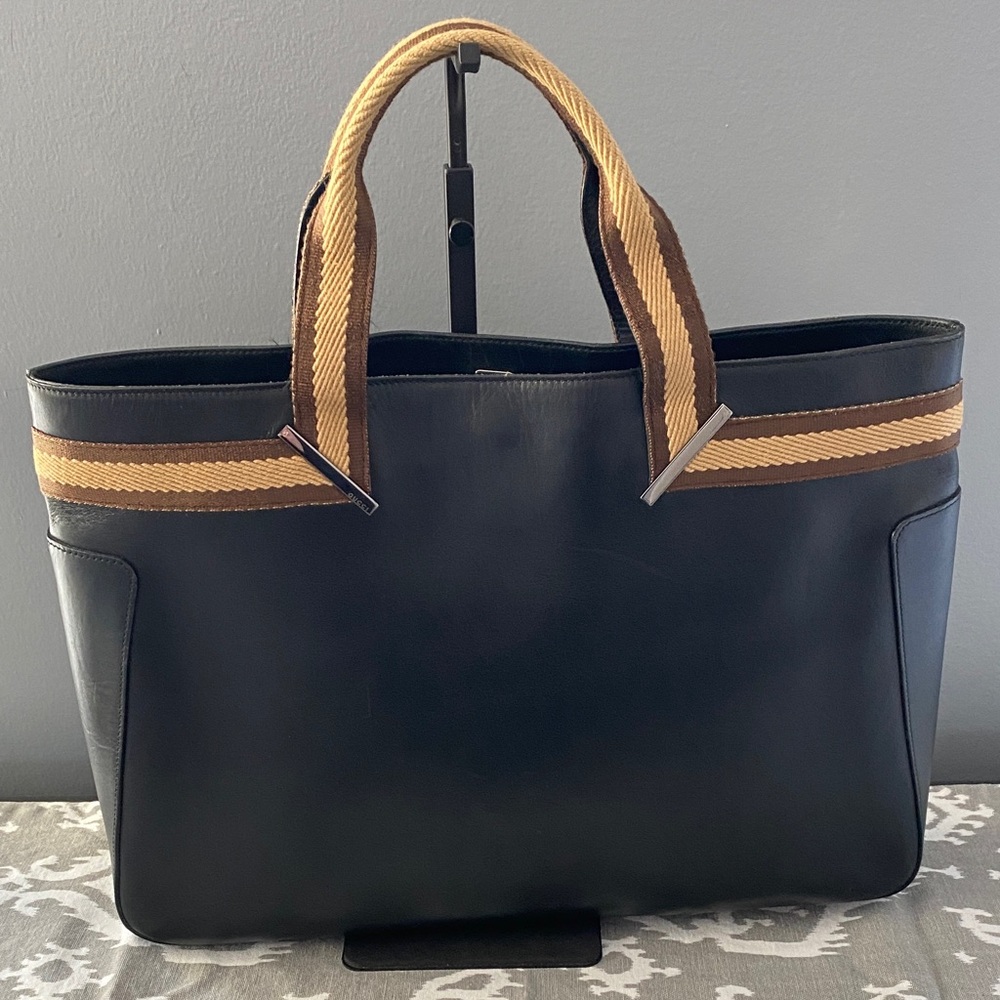 Gucci Sherry Line Black Leather Web Tote Bag with Canvas Handles - Picture 4 of 14